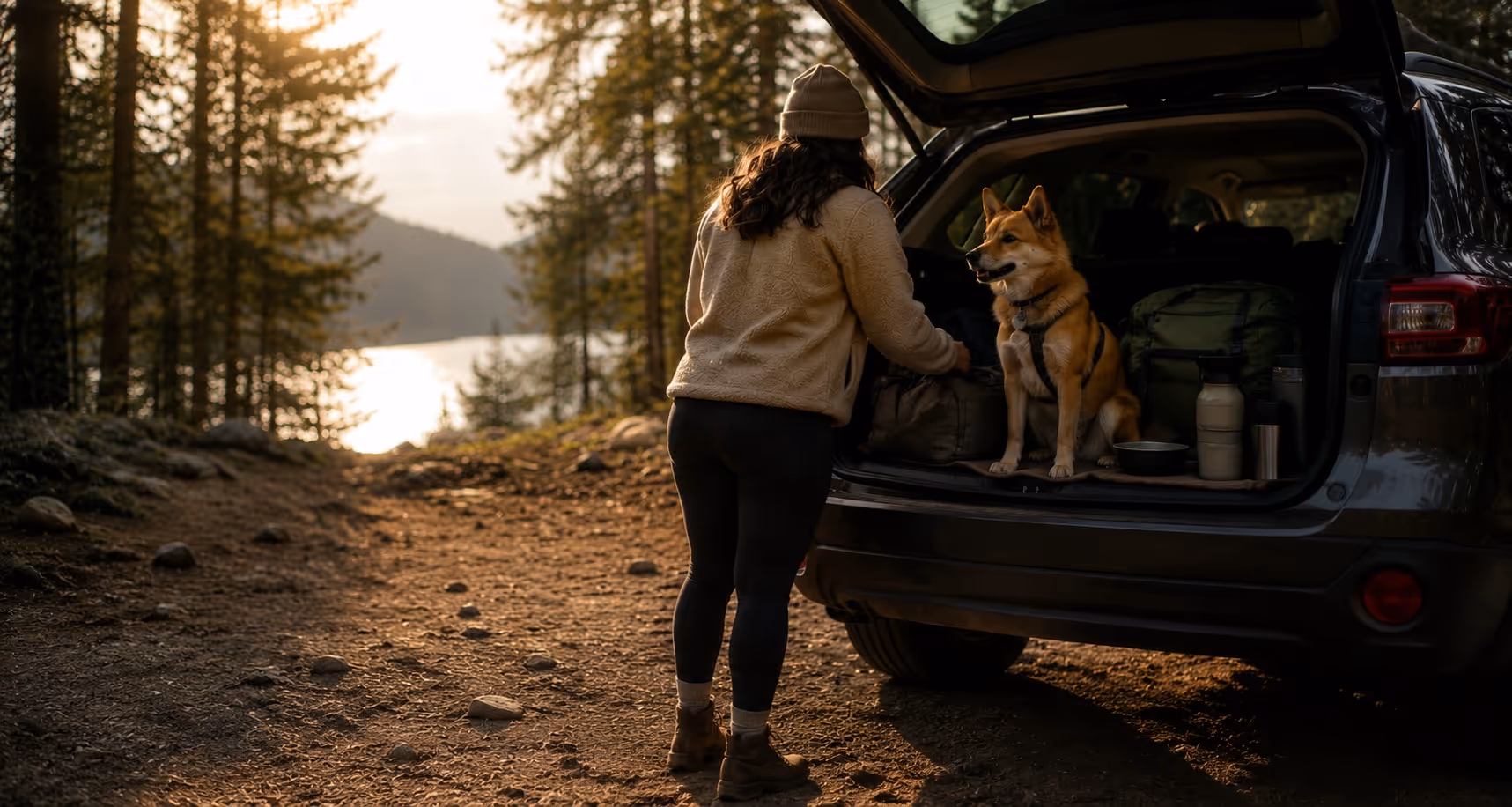 Person packing an SUV while a dog waits in the open trunk by a forest lake