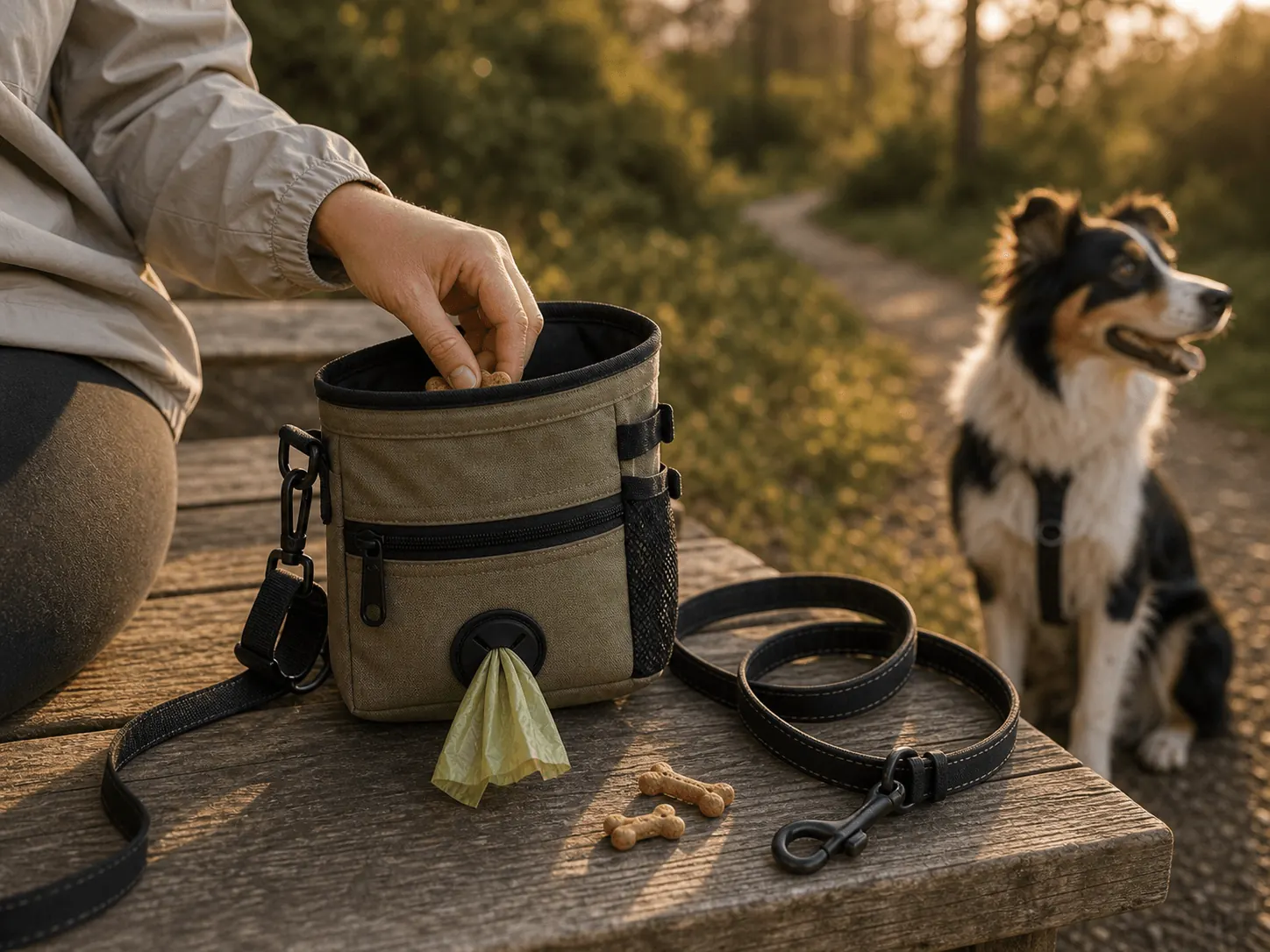 Outdoor Treat & Waste Bag Kit packed for a trip