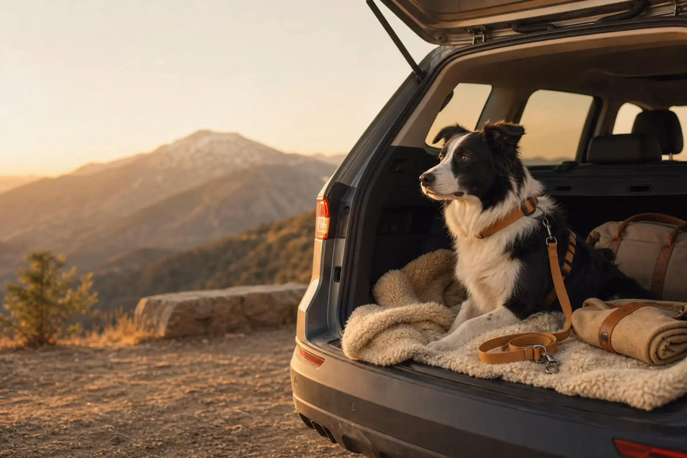 Warm trail gear laid out by a car trunk