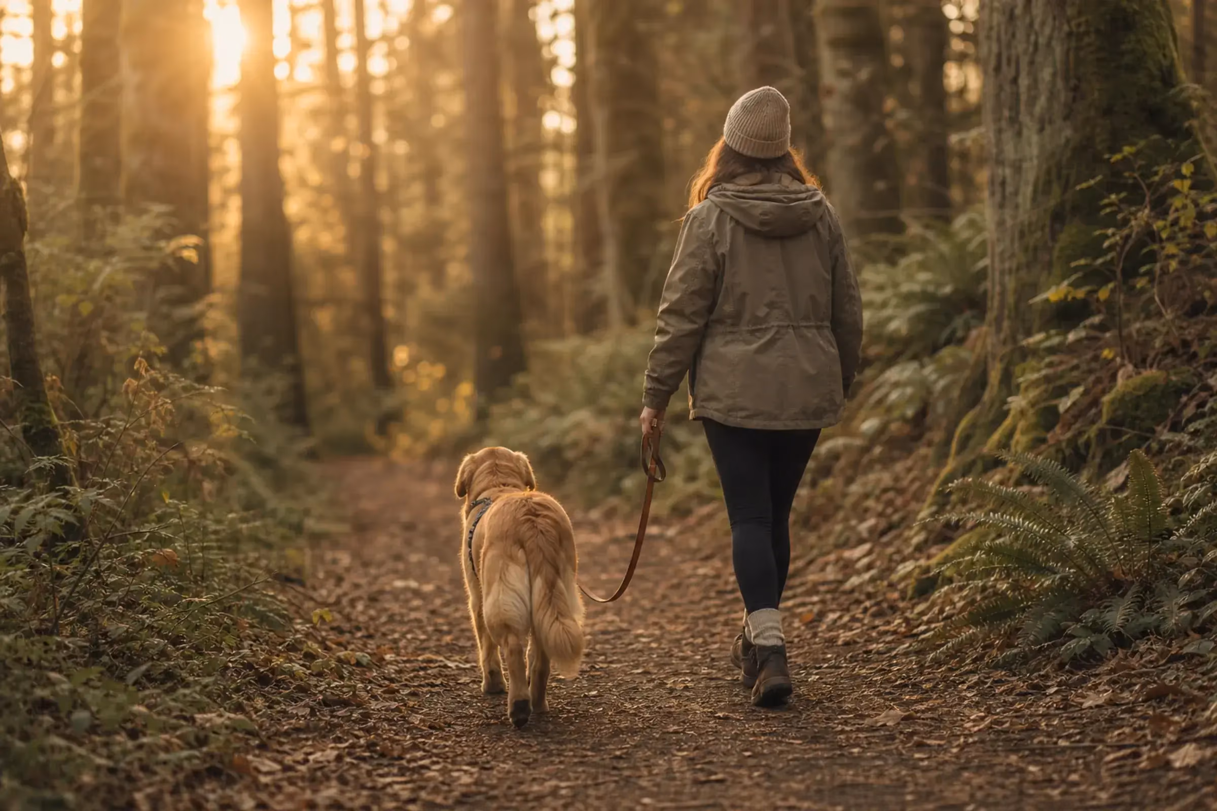 Warm trail scene with dog and owner