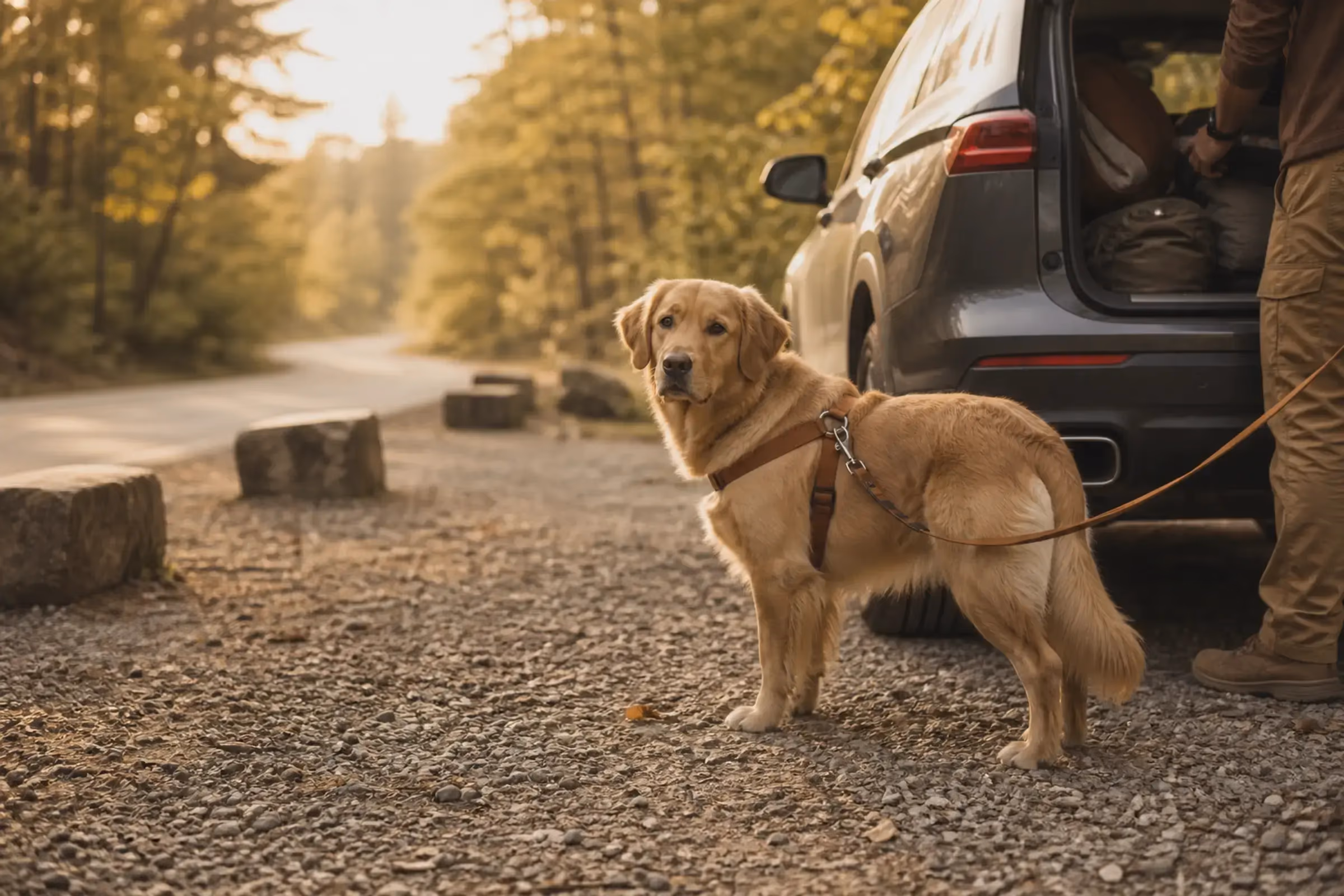 Person and dog arriving at a warm lakeside camp setup